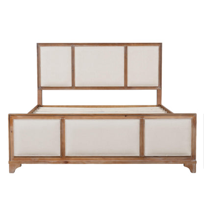 Queen Size Wooden Bed Frame with Upholstered Headboard, Natural Wood & Beige Fabric, Solid Wood Platform, Modern Farmhouse Style