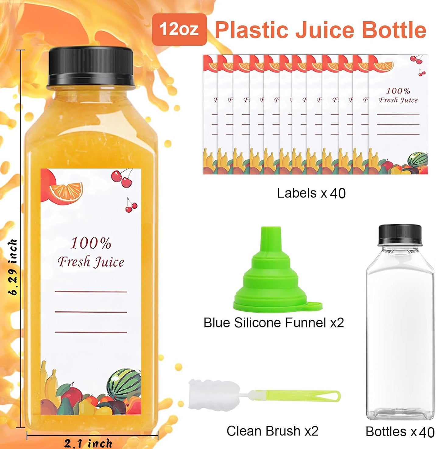 OBKJJ 40 pcs 12oz Pcs Juice Bottles, Juice Bottle with Caps Reusable Empty Clear Bottles with Label, Funnel, Brush Bulk Beverage Containers for Juicing, Drinking, Smoothie and Other Beverages (12-OZ)