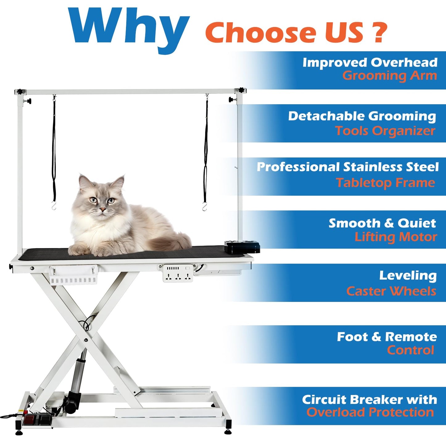 GarveeTech 50" Dog Grooming Table, Electric Hydraulic Grooming Table for Large Dogs or Small Dogs, Aluminium Overhead Arm, Anti Slip Tabletop, 6 USB Ports, Home & Salon Use, Max Capacity 330Lb, White