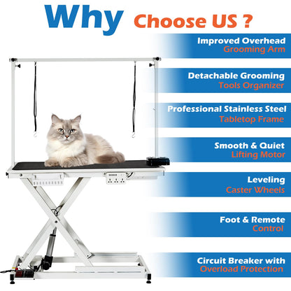 GarveeTech 50" Dog Grooming Table, Electric Hydraulic Grooming Table for Large Dogs or Small Dogs, Aluminium Overhead Arm, Anti Slip Tabletop, 6 USB Ports, Home & Salon Use, Max Capacity 330Lb, White