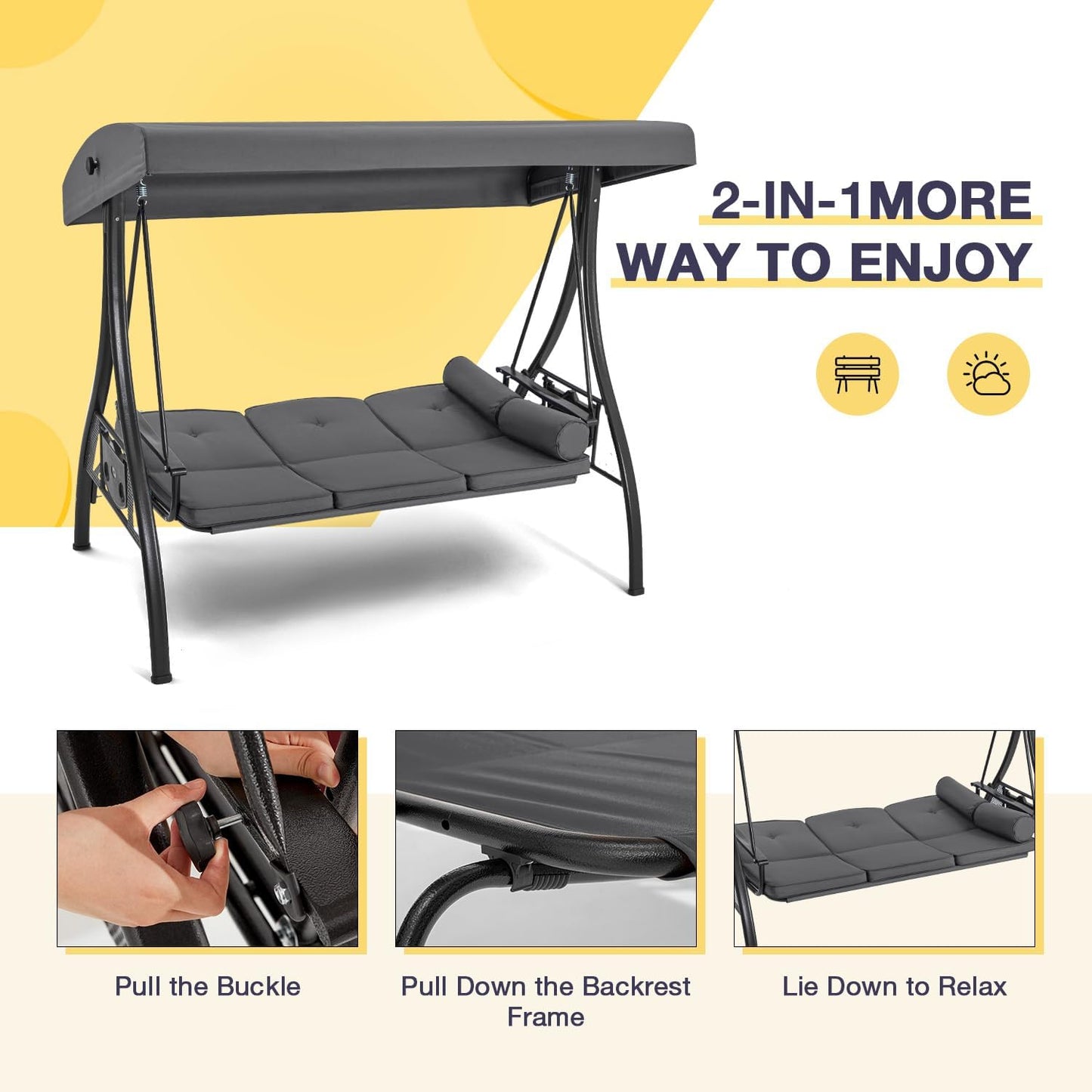 HOMREST 3 Person Outdoor Porch Swing with 1.5" Upgraded Cup Holder, Adjustable Canopy, Backrest, Patio Swing Bed with Weather Resistant Steel Frame, Cushions for Garden,Deck and Poolside(Gray)