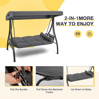 HOMREST 3 Person Outdoor Porch Swing with 1.5" Upgraded Cup Holder, Adjustable Canopy, Backrest, Patio Swing Bed with Weather Resistant Steel Frame, Cushions for Garden,Deck and Poolside(Gray)