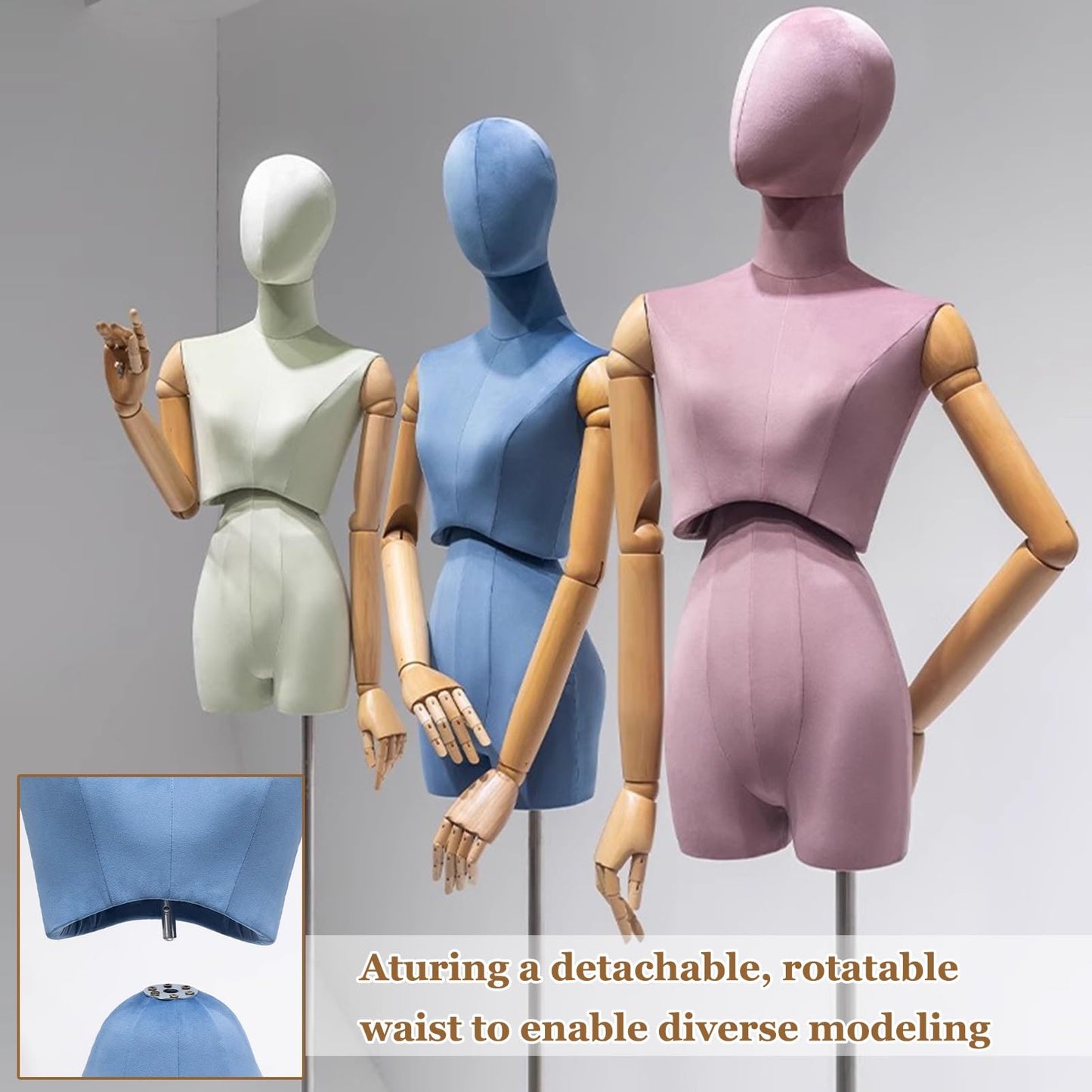 Premium Female Mannequin Rotatable Head/Torso, Solid Wood Arms Dress Form Sewing Mannequin , Heavy-Duty Adjustable Metal Base(Blue)