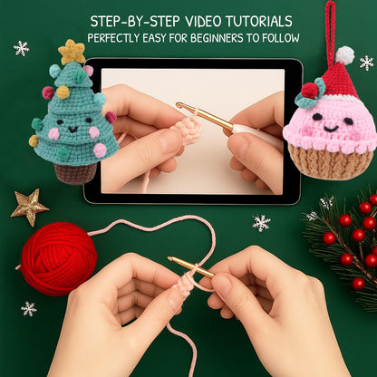 HOUSE CREATIVITY Crochet Kit for Beginners – Make a Christmas Tree & Cupcake, Amigurumi Crochet Starter Kit with Video Tutorial, Yarn & Hook, DIY Holiday Ornament & Cute Desk Decor Gift