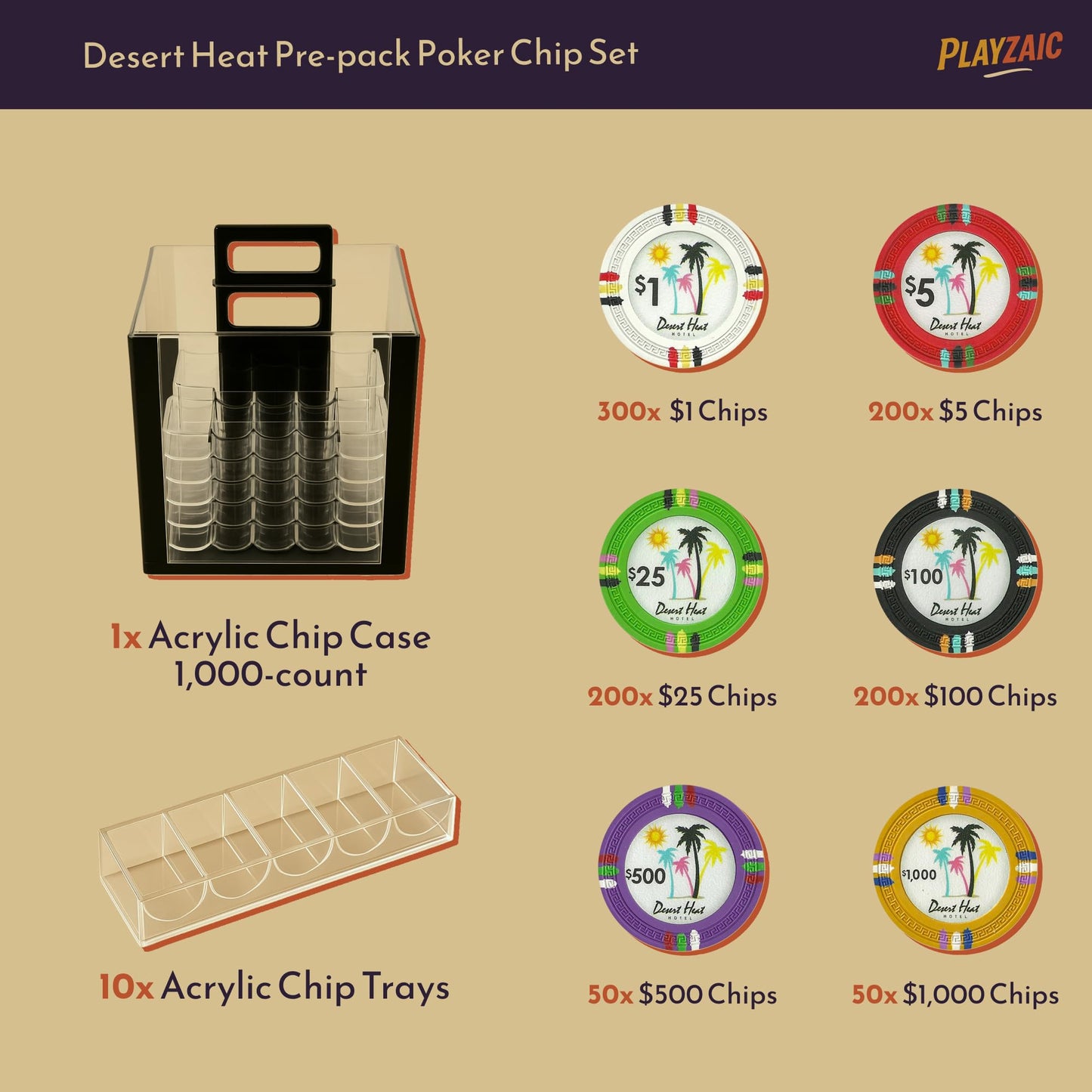 Playzaic 1000-piece Acrylic Desert Heat Poker Chip Case - 13.5-gram Heavy Clay Composite Set - Casino Chips for Texas Holdem, Blackjack - Betting Game Accessories