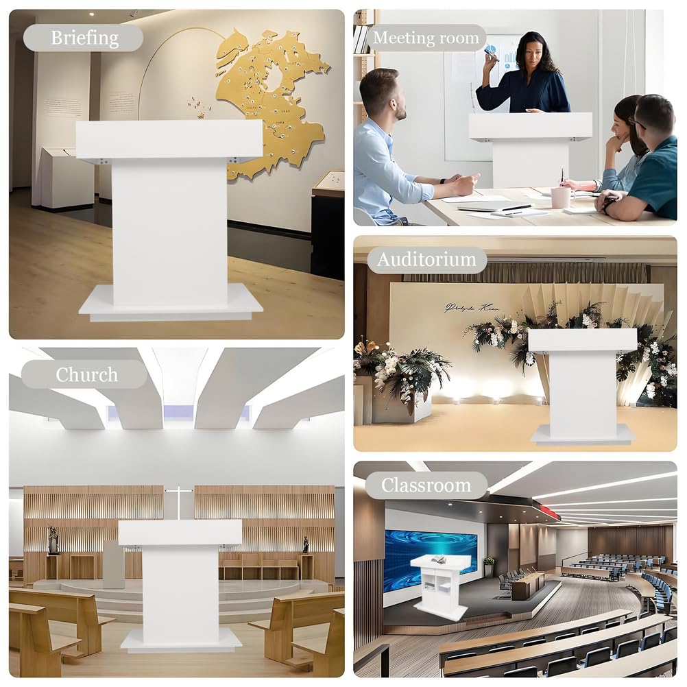 Podiums Standing Wooden Podium Teacher Podium Suitable for Weddings Churches Lecture Halls and classrooms with Three-Tier Storage Shelves,White,L39.4″×W19.6″×H44.3″