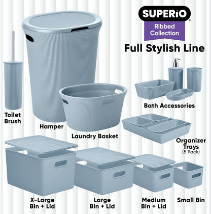 Superio Ribbed Collection - Decorative Plastic Open Storage Bins, X-Large Blue (2 Pack) for Organizing