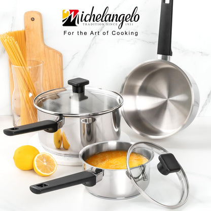 MICHELANGELO Stainless Steel Sauce Pan with Lid 1QT & 2QT & 3QT, TriPly Stainless Steel Saucepans with Straight Bakelite Handle & Square Lid Knob, Nonstick Sauce Pans Set, Induction Compatible