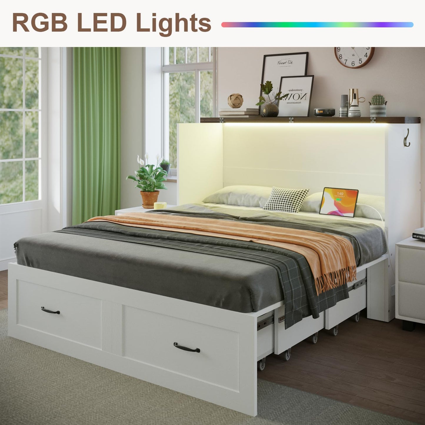 KCGKCG Murphy Bed with Storage & Charging Station, Queen Murphy Cabinet Bed with Large Storage Drawer for Guest Bedroom, Living Room, Office or Small Room, Full Foldable Platform Bed (White, Queen)