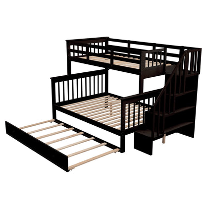 Ball & Cast Twin-Over-Full Bunk Bed with Twin Size Trundle and Storage Ladder,Wood Bunkbed w/Slat Support & Full-Length Guard Rail,Space Saving,Bedframe Furniture for Student Dorms,Studio,Espresso
