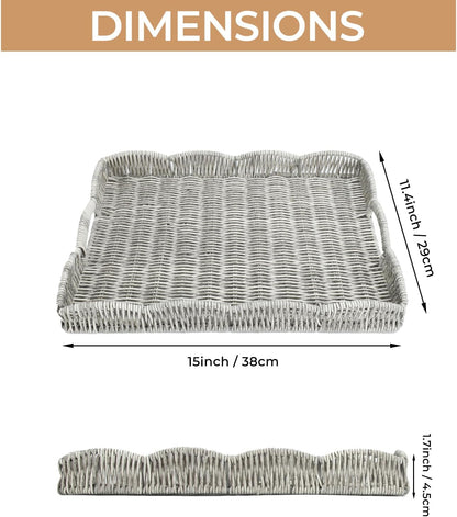 Rectangle Wicker Scalloped Tray, Hand Woven Synthetic Rattan Serving Tray with Handles, Coffee Table Decorative Tray
