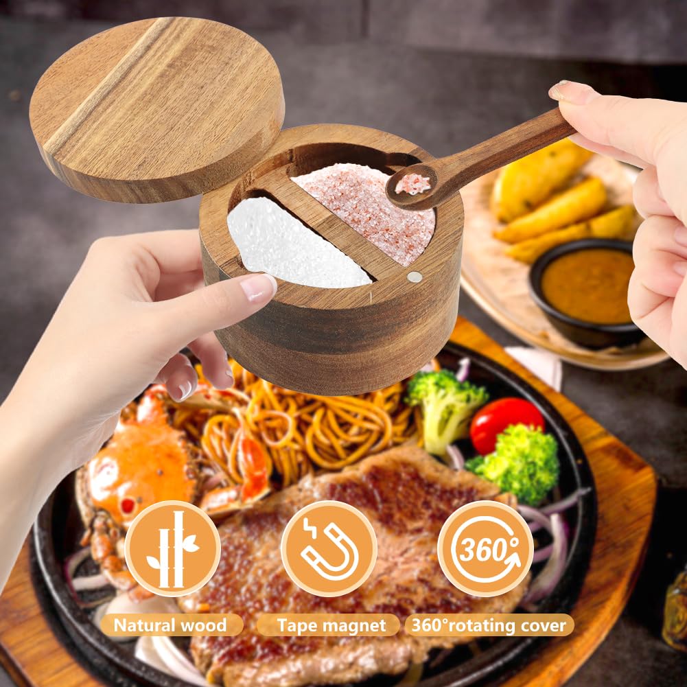 Velarionna Wood Salt and Pepper Bowl, AcaciaWood Salt Cellar with Built-in Spoon and Magnetic Swivel Lid, Container Holder to Storage Pepper Spice(SIZE:L)