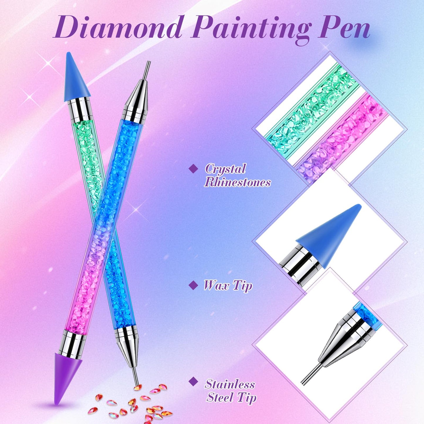 Tatuo 2 Pcs Nail Rhinestone Picker Tool Dual Ended Wax Pen Gem Picker Tool Dotting Pen for Nail Art DIY Rhinestones Dotting Gems Stones Crystals and Charms(Gradient Blue Purple)