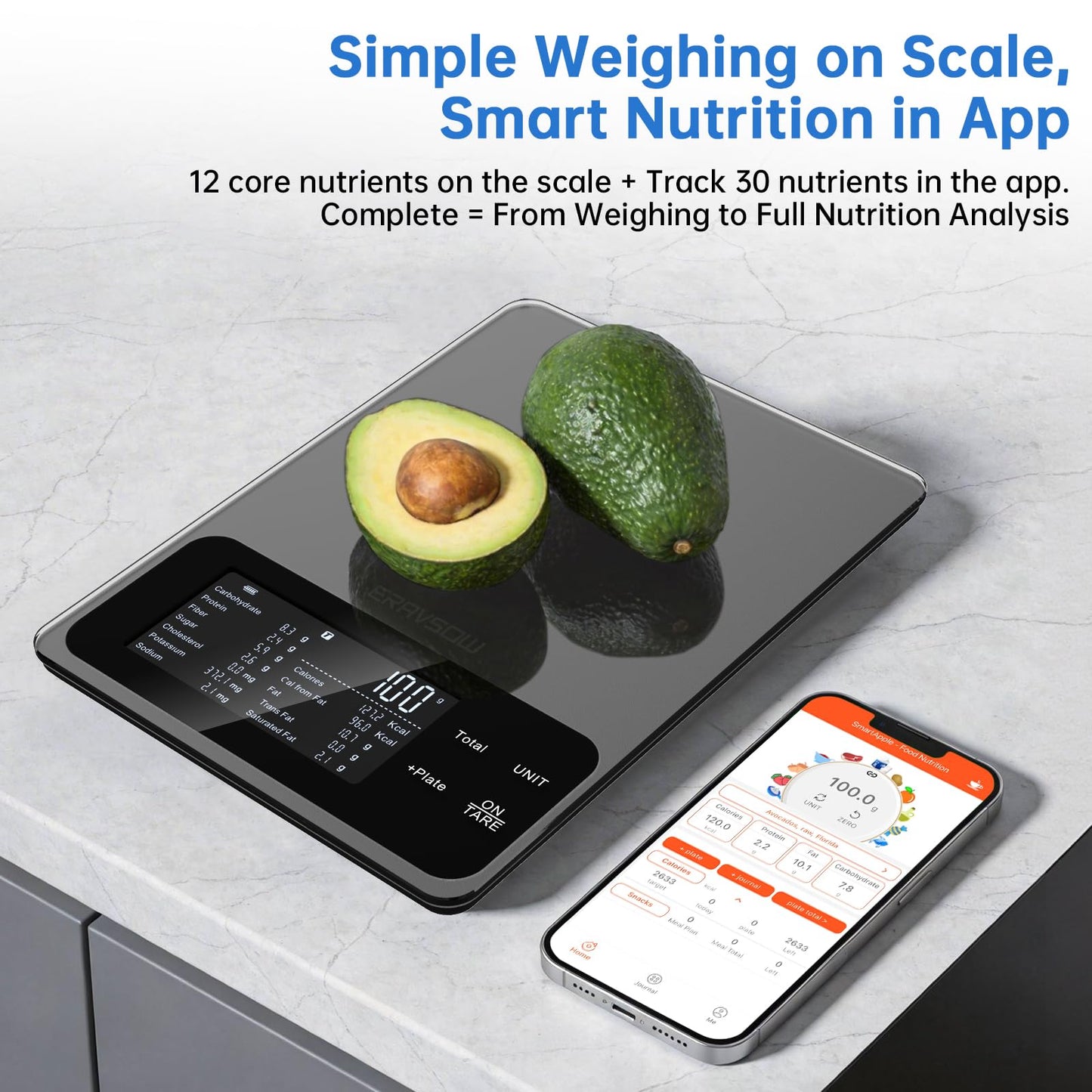Smart Food Kitchen Scale with Nutritional Calculator, 30 Nutrients App for Tracking Calories, Fat, Carbs & Protein, Personal Goals and Daily Reports, On-Screen Nutrient Info, 22lb/10Kg