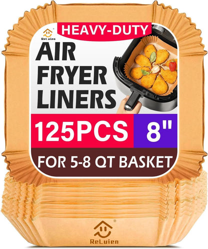 Air Fryer Liners | 125 Pcs Unbleached Non-Stick Parchment Paper | 8 Inch Square for 5-8QT Air Fryers