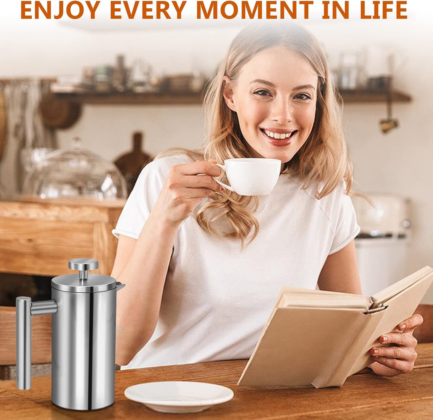 French Press, 12oz Double-Wall Insulated Coffee Maker, Stainless Steel with 3 Level Filtration System