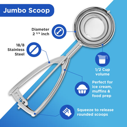 Jenaluca Jumbo Ice Cream Scoop - 18/8 Stainless Steel Cupcake and Muffin Scooper - 1/2 Cup Disher Size #8 for Icecream, Batter & Food Portions