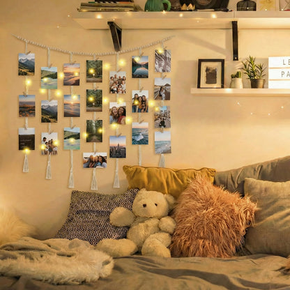 shuielai Macrame Hanging Photo Display with String Lights, Boho Wall Decor with Wooden Beads Garland & Clips, Picture Collage Holder for Bedroom Living Room Dorm, for Teen Girls