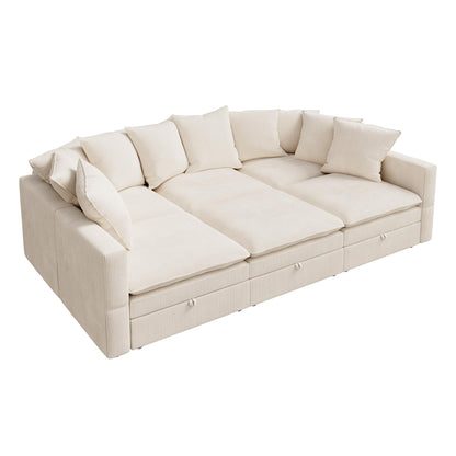 HONBAY Modular Sectional Sleeper Sofa, Corduroy 6 Seater Couch with Storage, Sectional Sleeper Couches for Living Room, Beige