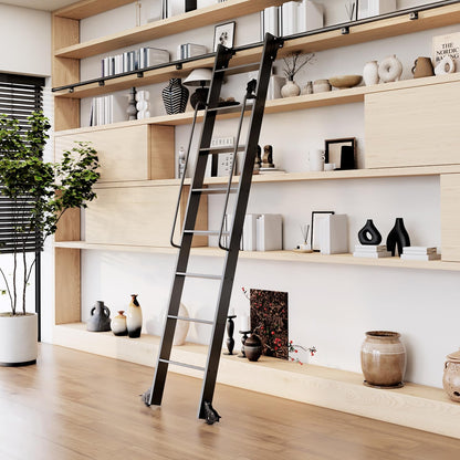 104RDHOUSE 8FT Lightweight Aluminum Rolling Step Ladder 96",Rolling Library Ladder with Wheels,Industrial Sliding Ladder for Home Library,Bookshelf, 4FT Hook Ladder Bookcase Track Kit for Home