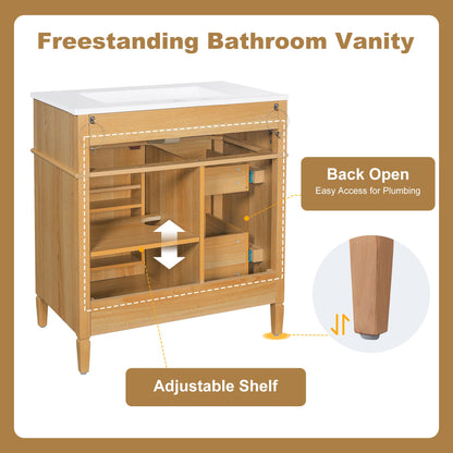 Bathroom Vanity with Sink 30 Inch, Tip-Out Drawer and Door Rack, Adjustable Shelf, Soft-Closing System, Solid Wood Legs, Wood