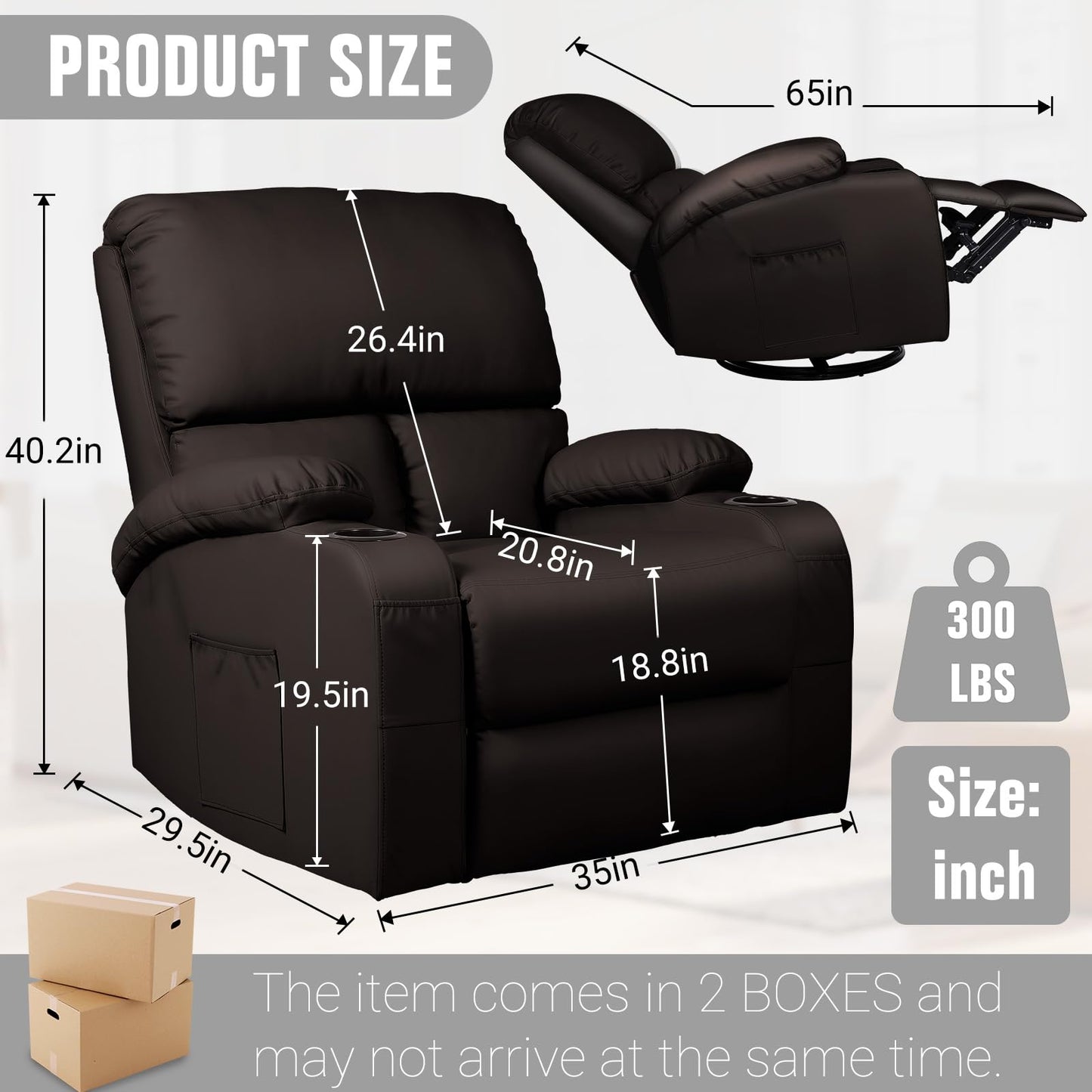 LAFWELL Rocking Recliner Chair, Massage Rocker Recliner Chair with Vibration Massage and Heat,360° Swivel Recliner Chairs, Living Room, Bedroom, Nursery, RV, Brown