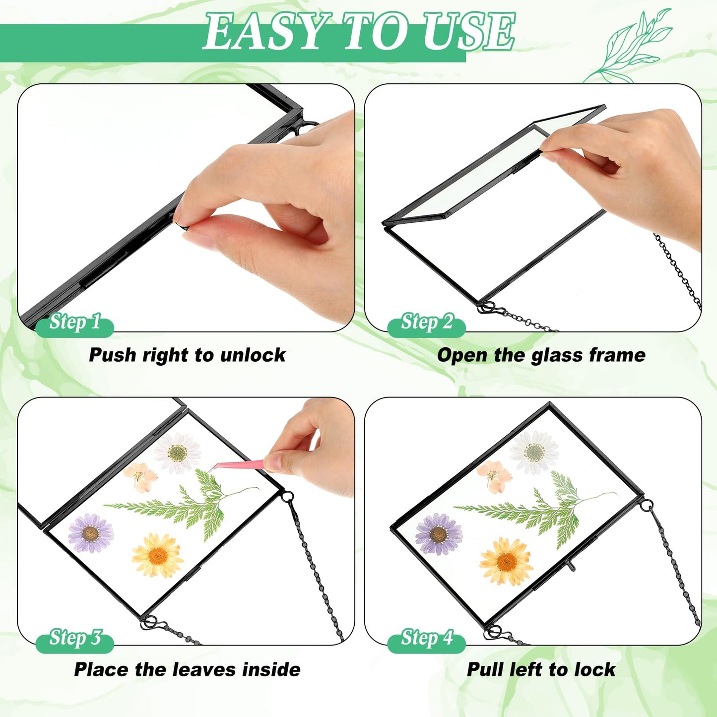 Geetery 9 Pcs Glass Frame for Pressed Flowers 6x4 4x6 6x6 in Black Hanging Picture Frames Metal Floating Double Glass Display Frame with Chain for Dried Flower Plant Specimen DIY Artwork Wall Decor