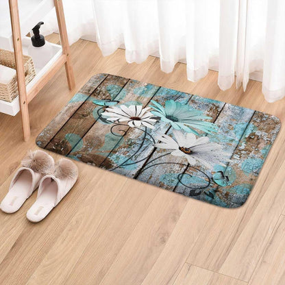 Farmhouse Floral Flower Bath Mat, Teal Daisy Rustic Wooden Plank Non-Slip Soft Doormat for Indoor Outdoor