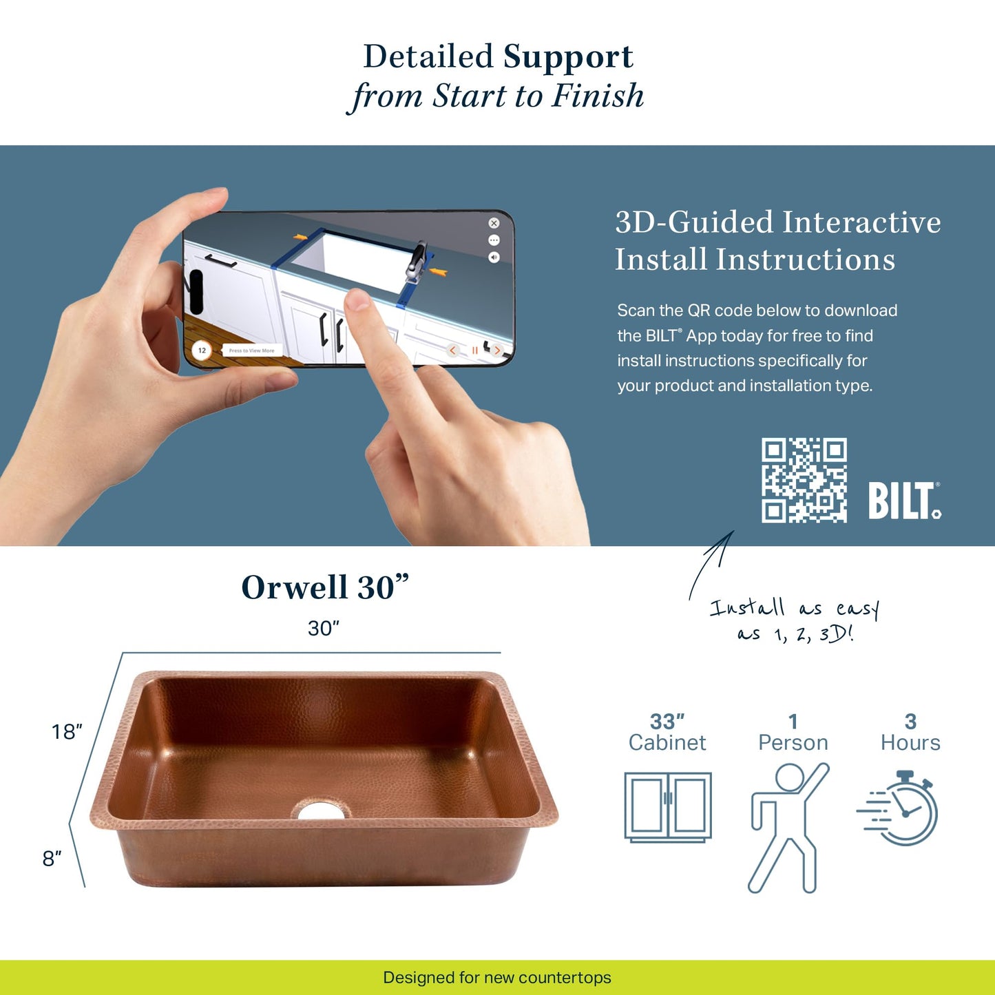 Sinkology Orwell 30 Inch Undermount Copper Kitchen Sink Single Bowl - Hand-Hammered 16-Gauge Solid Copper, Deep Single Basin, Antique Copper, Sinkology Everyday Warranty, Fits 33 Inch Cabinet