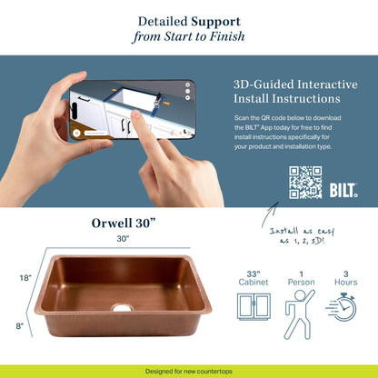 Sinkology Orwell 30 Inch Undermount Copper Kitchen Sink Single Bowl - Hand-Hammered 16-Gauge Solid Copper, Deep Single Basin, Antique Copper, Sinkology Everyday Warranty, Fits 33 Inch Cabinet