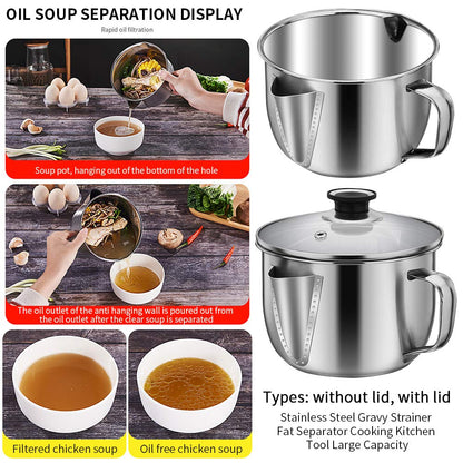Stainless Steel Fat Separator Bowl, Large 4 Cups Gravy Separator Bowl With Handle Round Shape, 1000ml Capacity for Healthy Cooking Reduce Fat Intake(COLOR:no lid)