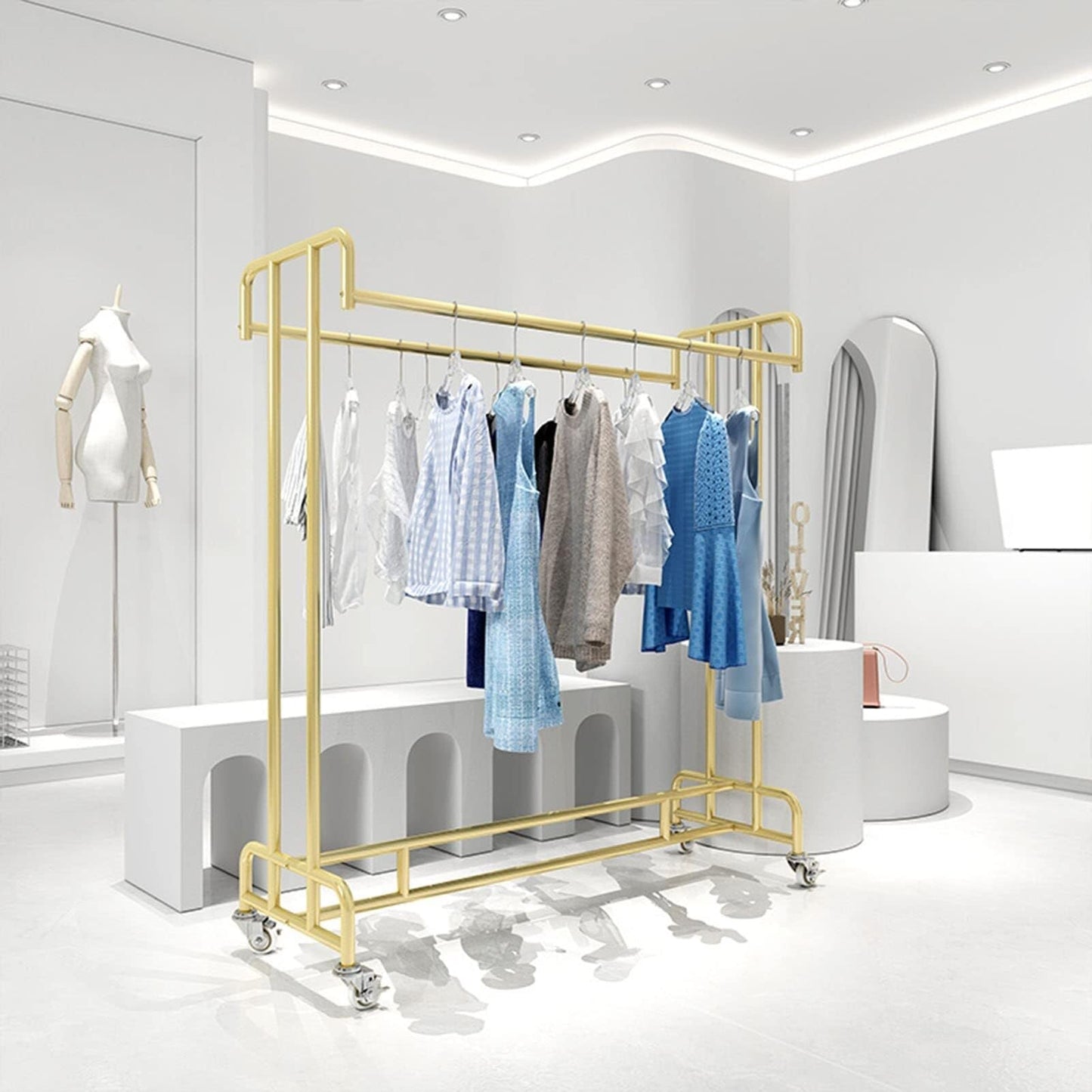 Heavy Duty Industrial Pipe Garment Rack with Wheels, Double Rail Metal Display Stand for Clothing, Retail Clothing Rack, Commercial Hanger(L120xW50xH140CM)