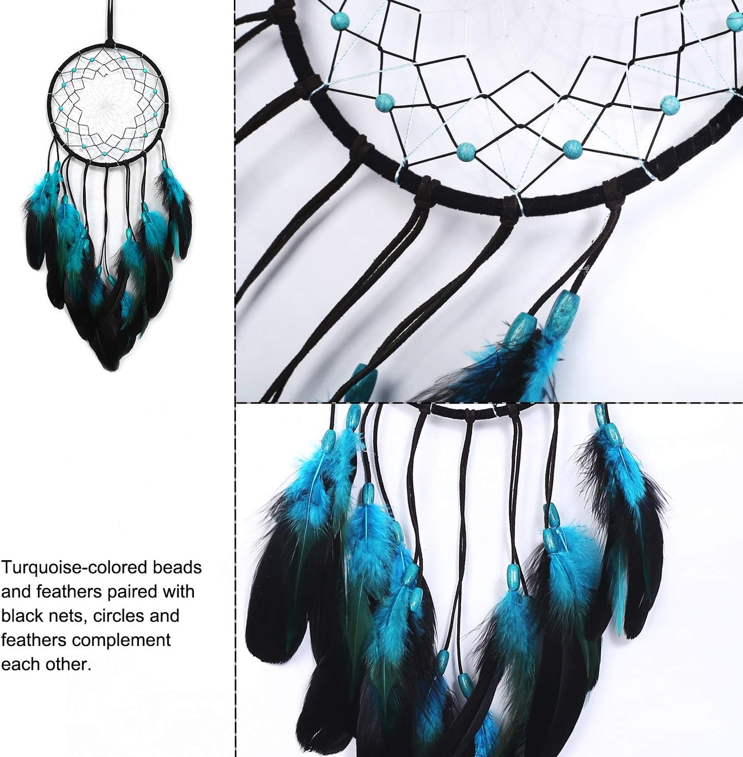 Dream Catcher with Bicolor Mesh, Handmade Dark Tone Dreamcatcher with Black and Turquoise Feather Wall Hanging