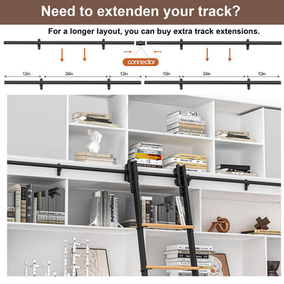 LKCBITION 108inch Carbon Steel Ladder with Oak Steps, Includes 4ft Telescoping Top Rollers & Bottom Brake Wheels Sliding Hardware, Rolling Library Ladder for Loft, Attic, Bookshelf