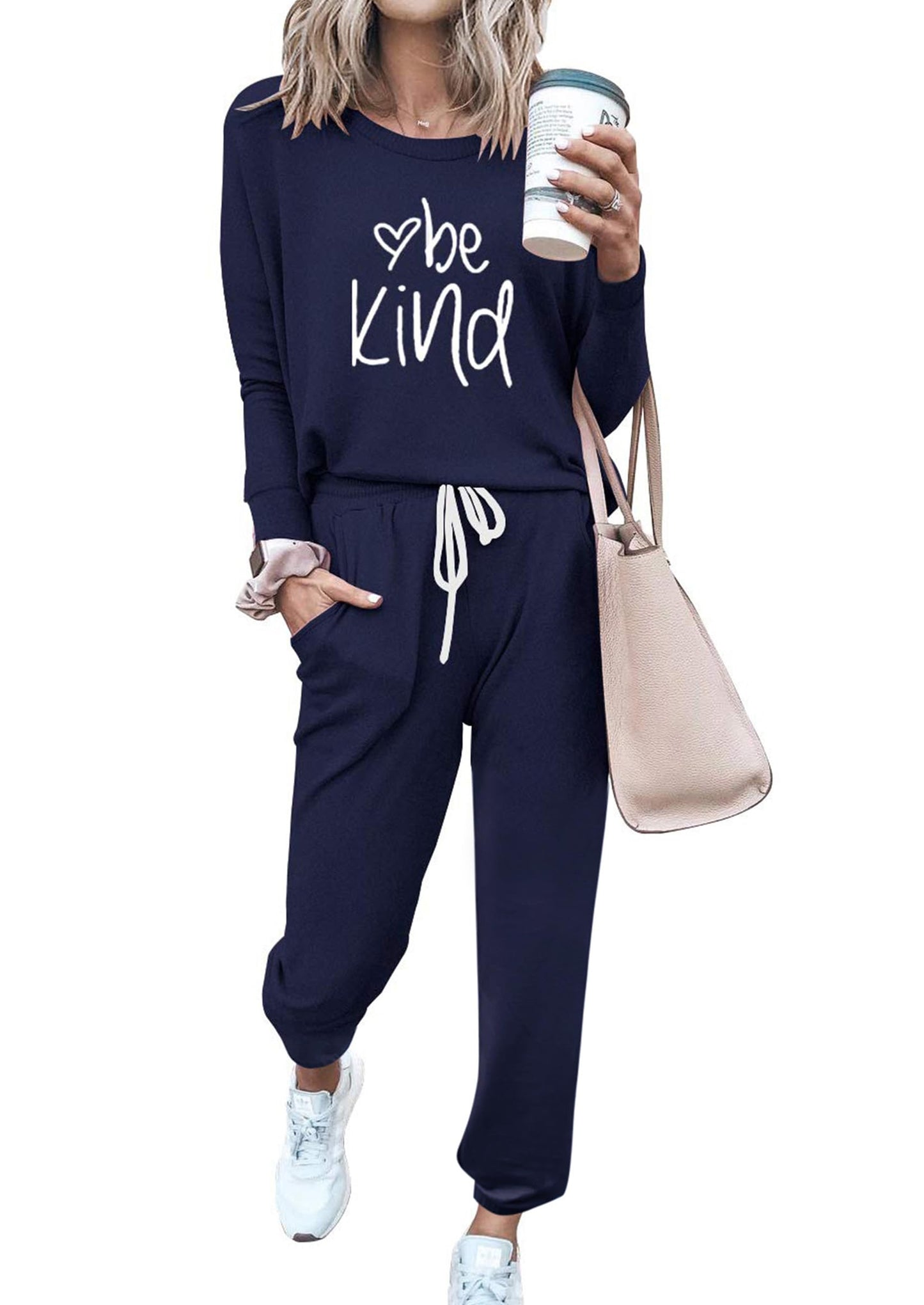 PRETTYGARDEN Women Fall 2 Piece Lounge Outfit Long Sleeve Tops High Waisted Jogger Pants Set Spring Travel Clothes Tracksuit (Patterned-navy,Medium)