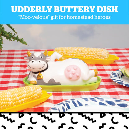 BigMouth Inc Udderly Buttery Novelty Butter Dish, Ceramic Cow-Shaped Lid, Great Homestead Gift, Holds 1 Stick, Farmhouse Kitchen Decor