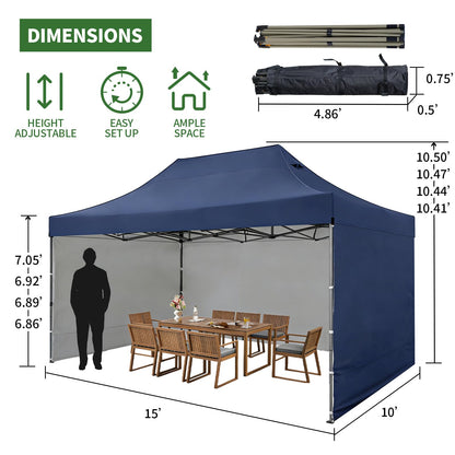 10x15 Heavy Duty Pop Up Canopy Tent, Outdoor Commercial Easy Up Canopy Outdoor Party Tents with 3 Removable sidewalls and Wheeled Bag for Events, Parties, Weddings (Navy Blue)