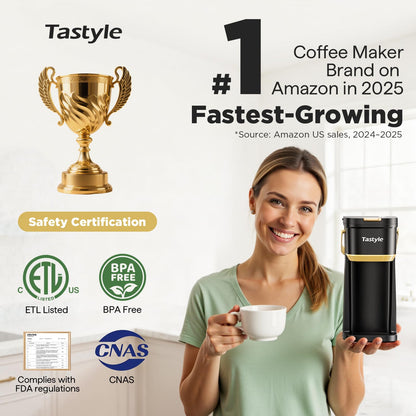 Tastyle Single Serve One Cup Coffee Maker, for K Cups and Grounds, Mini Coffee Maker with Portable Handle, 6 to 12 Oz Brew Size, for Travel, Camping, Office, RV and Dorm, 120V, Black and Gold
