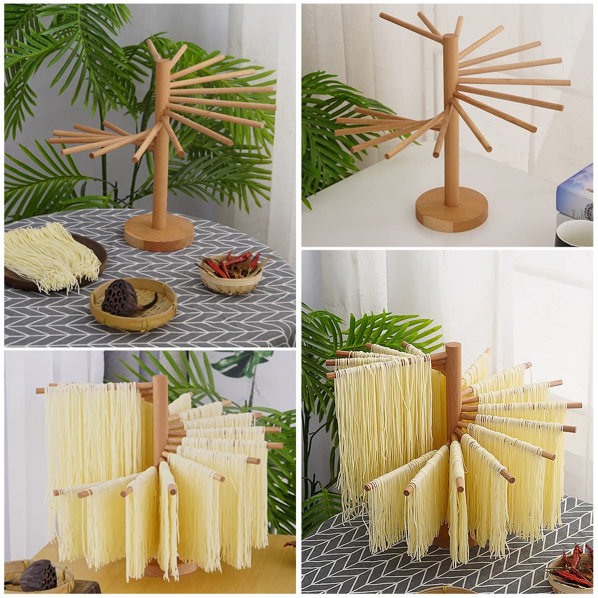 Abizarch Collapsible Pasta Drying Rack Wooden Spaghetti Stand Dryer with 16 Suspension Rods Homemade Fresh Noodle Hanger Easy Storage and Quick Set-Up Hanging Rack for Home Kitchen