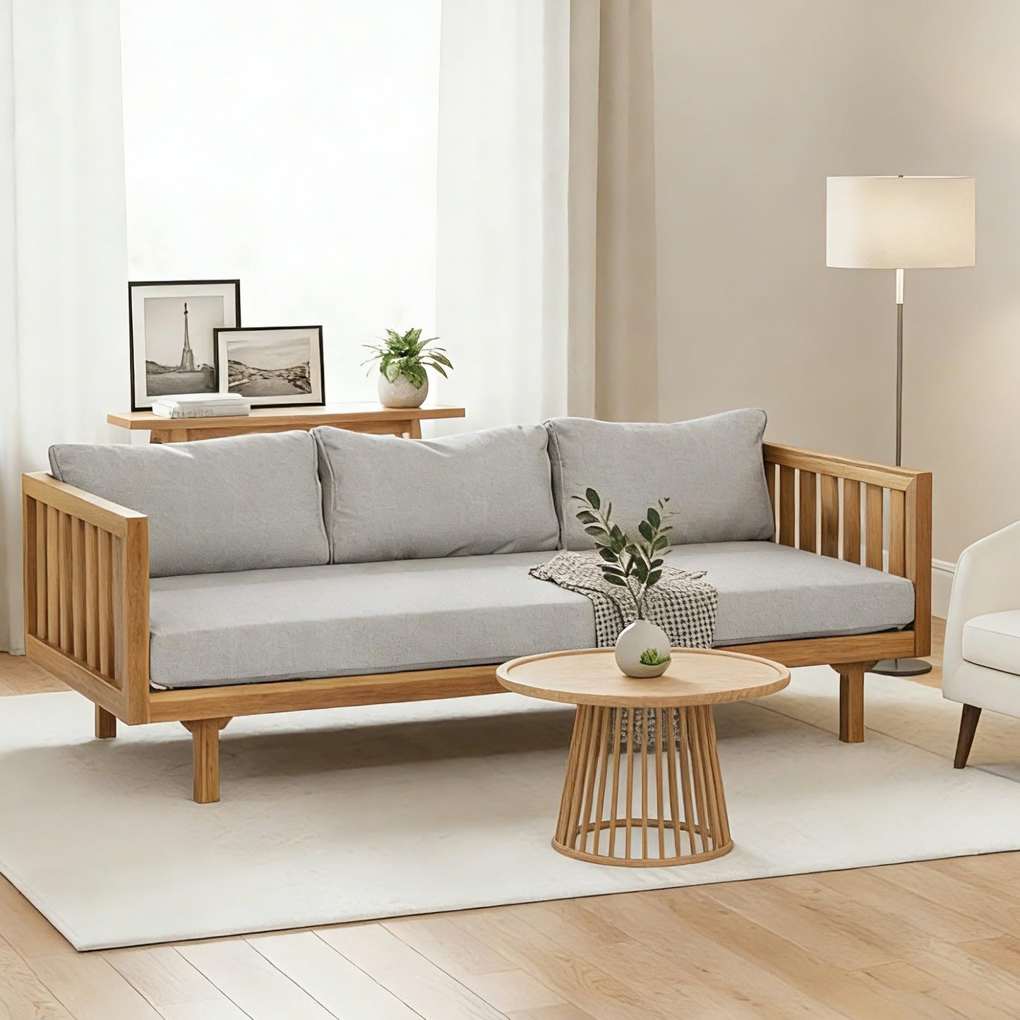 Merax Solid Acacia Wood Couch Chaise Lounge Chair Indoor, 3 Seater Daybed Sofa Couches with Cushions & Pillow, Heavy Frame Day Bed for Living Room, Office, Outdoor, Balcony, Patio, Water Resistant
