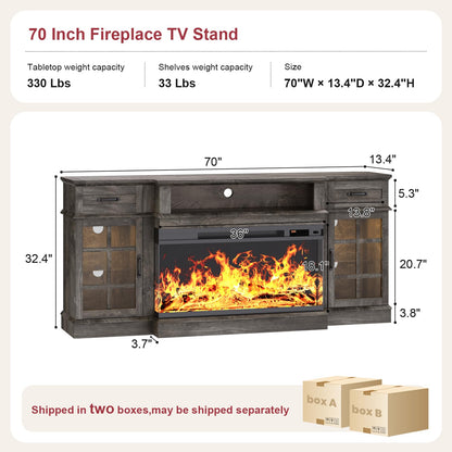 MXV 70" Fireplace TV Stand, 3-Sided Glass Fireplace and Modern Entertainment Center, Wooden Media Console with Glass Doors & Storage Drawers, LED Light, for Living Room, Grey