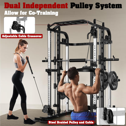 Royal Fitness Smith Machine, Multifunctional Power Cage Rack with Smith Bar and Cable Pulley System, and LAT Pull Down Machine for Home Gym…