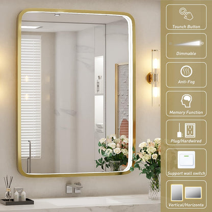 FTOTI 28x36 Inch LED Bathroom Mirror with lights,Wall Mounted Lighted Vanity Mirrors with Non-Rusting Gold Metal Frame Anti-Fog Memory Funtion Stepless Dimmable for Bathroom Decor(Horizontal&Vertical)