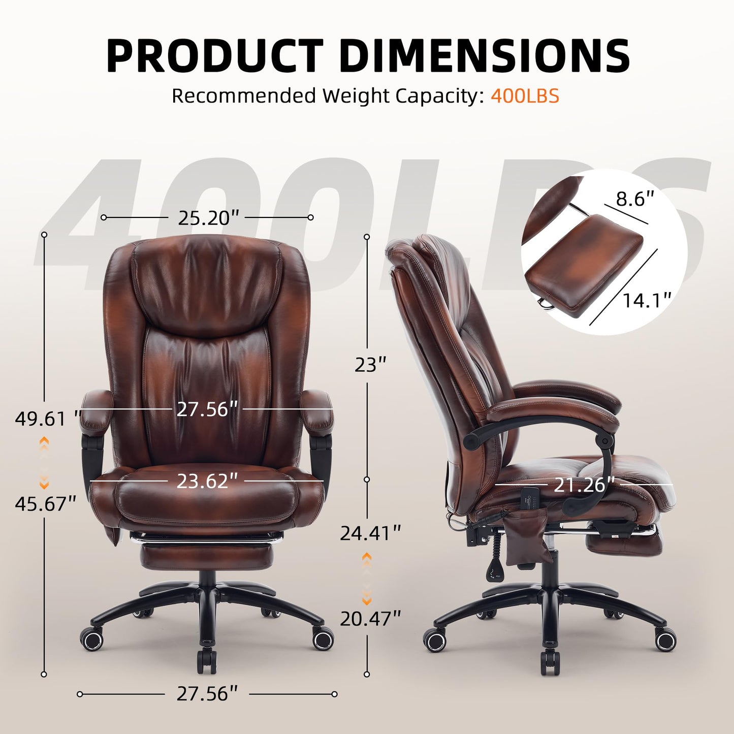 Fmolat High Back Massage Executive Chair, PU Leather, Big & Tall, Vibration Massage & Heating,95-135° Recline with Footrest, Ergonomic Office Chair for Home & Gaming,Brown