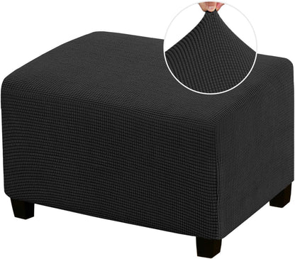PrinceDeco Stretch Ottoman Cover Slipcovers, Rectangle for Living Room Foot Stool, Thick Checked Jacquard Fabric