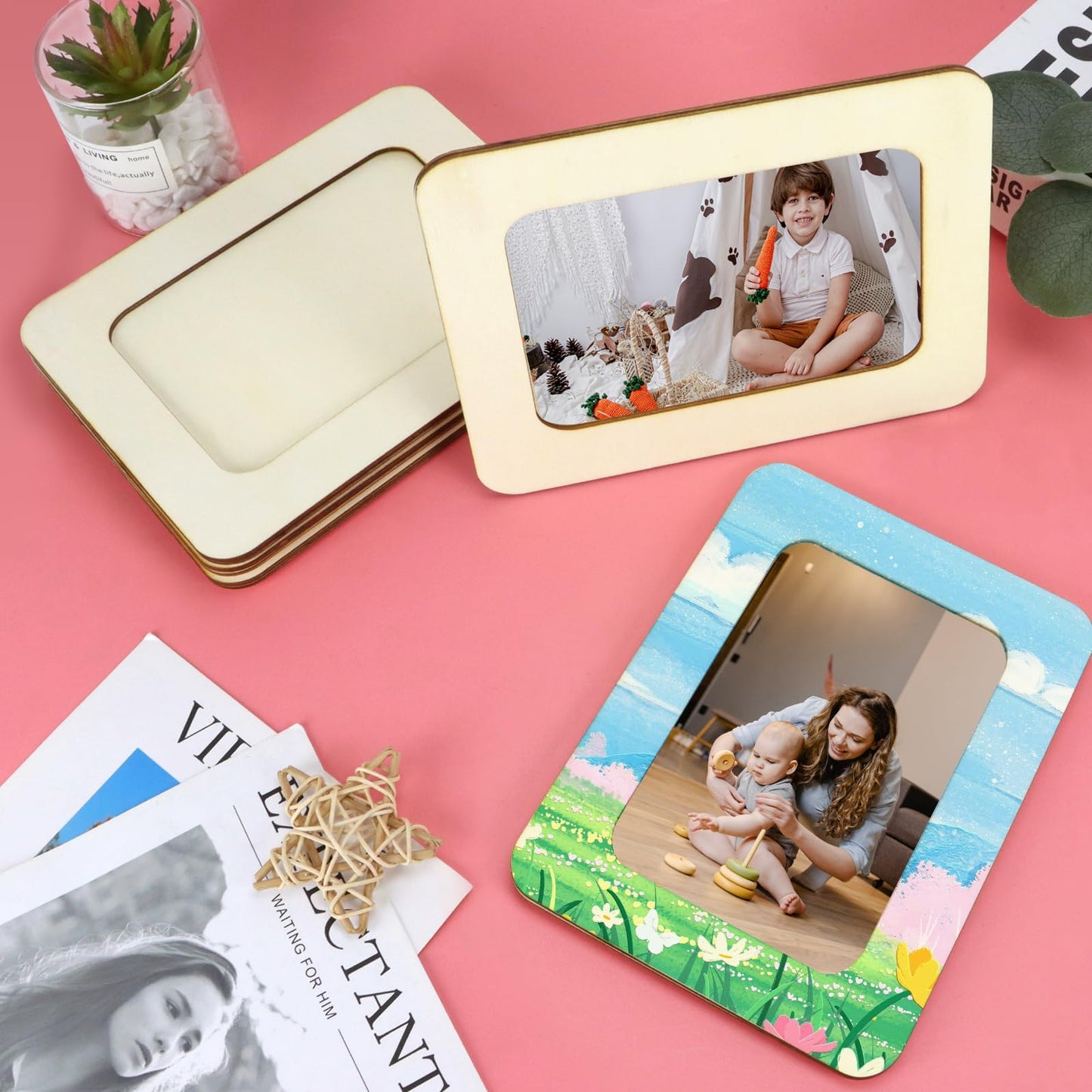 VOKOY 15 Pack Wooden Picture Frames for Crafts,DIY Wood Craft Picture Frames for 4" x 6" Photos,Unfinished Standing Photo Frames DIY Crafts Wood Decorate for Mother's Day Birthday Party Gifts