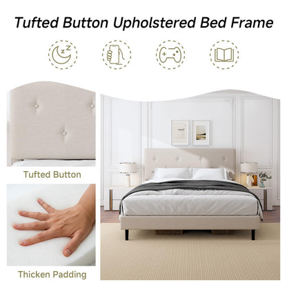Mxhtcewz King Size Linen Bed Frame, Upholstered Platform Bed Frame with Adjustable Headboard, Wooden Slats Support, Easy Assembly, No Box Spring Needed, Beige