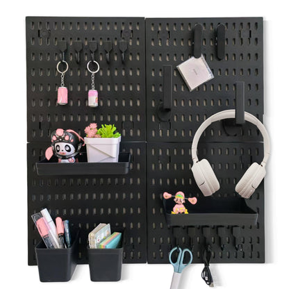 ANTHOSPACE Black Pegboard Organizer Set with Hooks & Storage Boxes, Desk or Wall Peg Board Panels for Tools, Crafts, and Office Supplies – 4 Boards (30×30 cm Each)