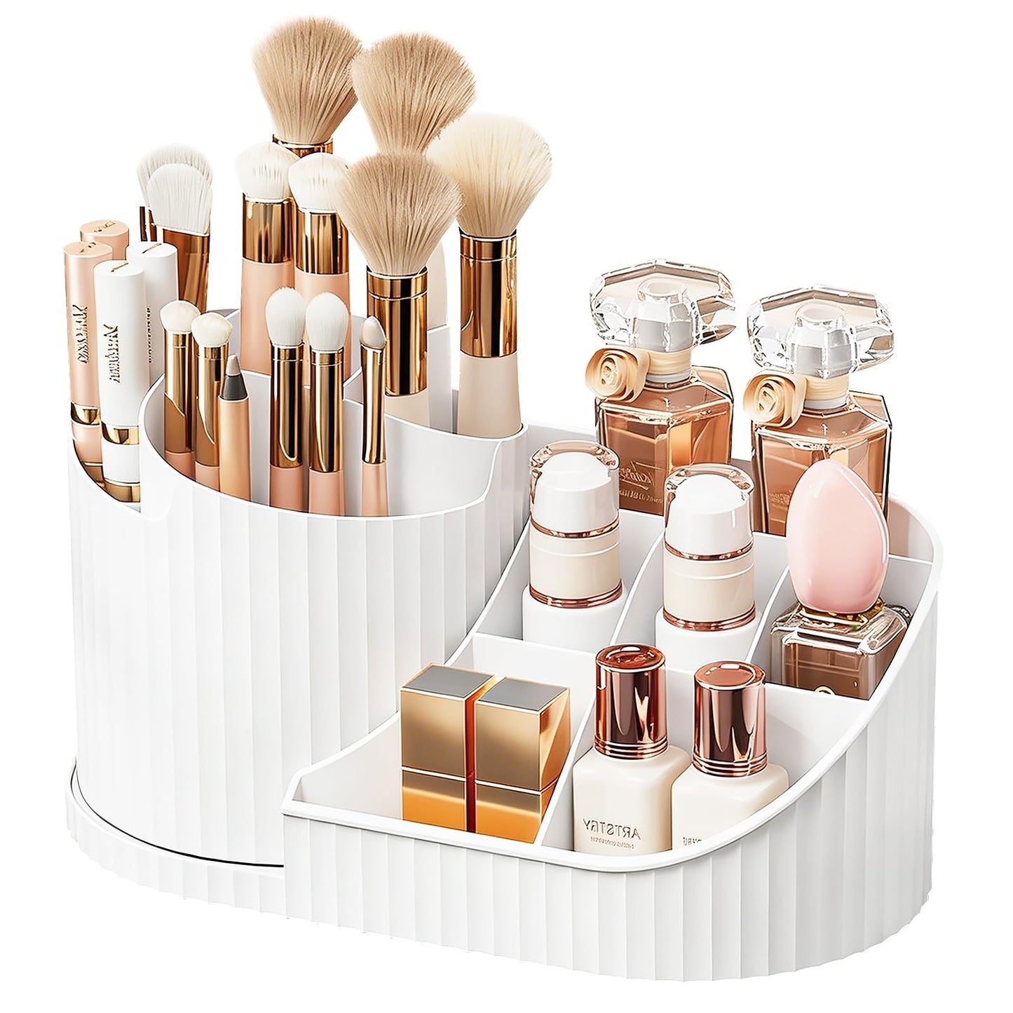 Anyoifax 360 Rotating Makeup Brush Holder Organizer with Divider 5 Slots Make Up Brushes Cup Flower-Shaped Spinning Pen Holder for Vanity, Cosmetics, Lipsticks, White