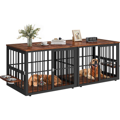 88.6" Large Dog Crate Furniture, Wooden Dog Kennel with Bowls & 3 Doors, Double Crate Furniture TV Stand for Medium Large Dogs, Brown
